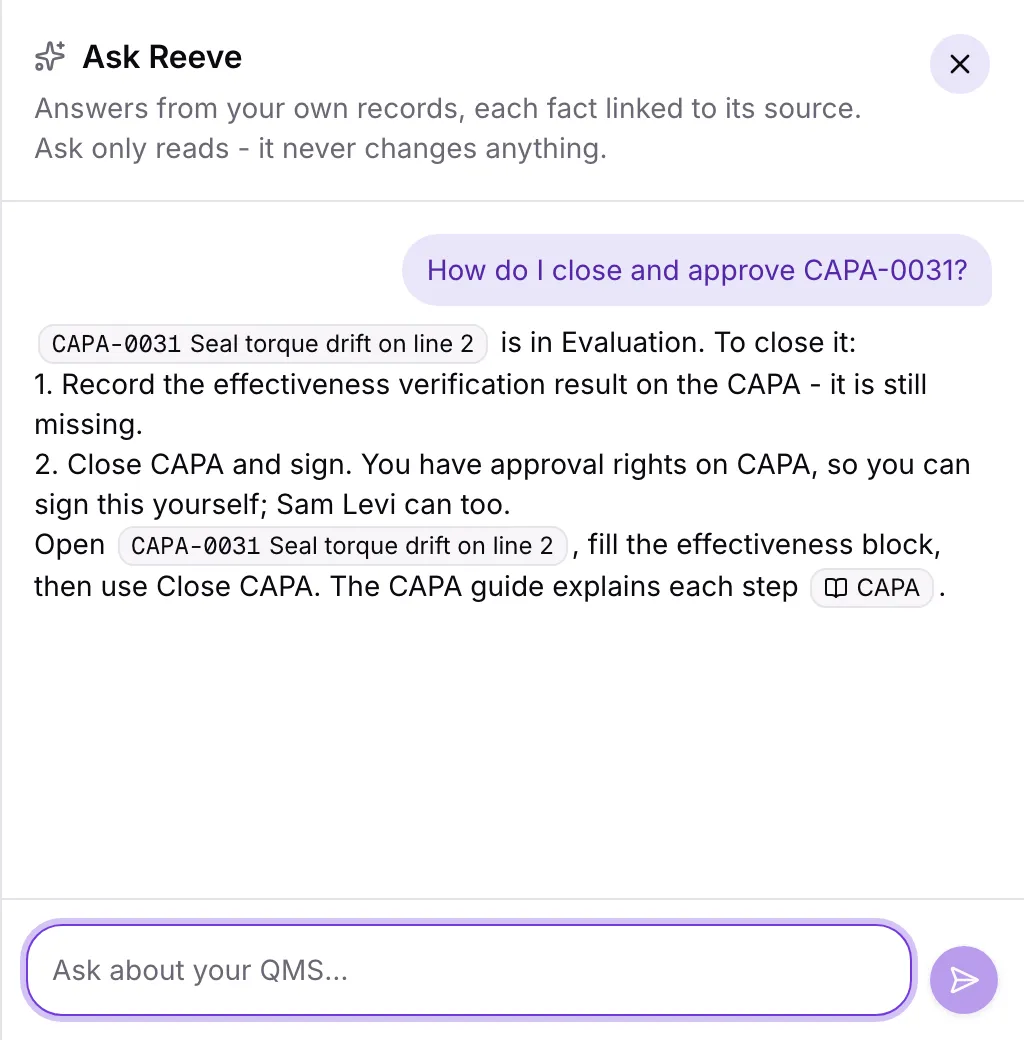 Ask Reeve answering how to do something in the system, citing the guide page the answer came from.