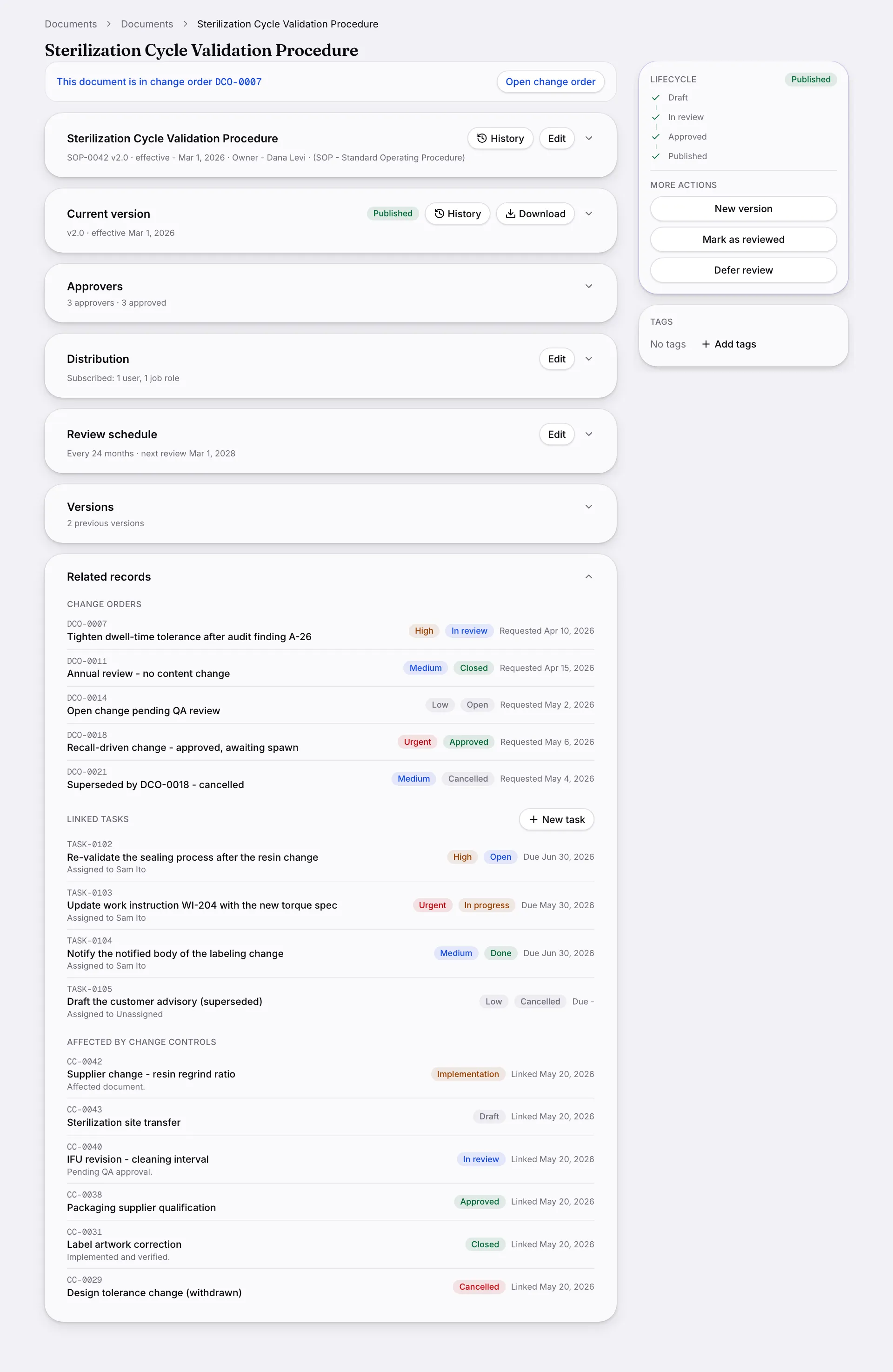 A published procedure showing its effective version, approvers, distribution and a review schedule with the next review date.