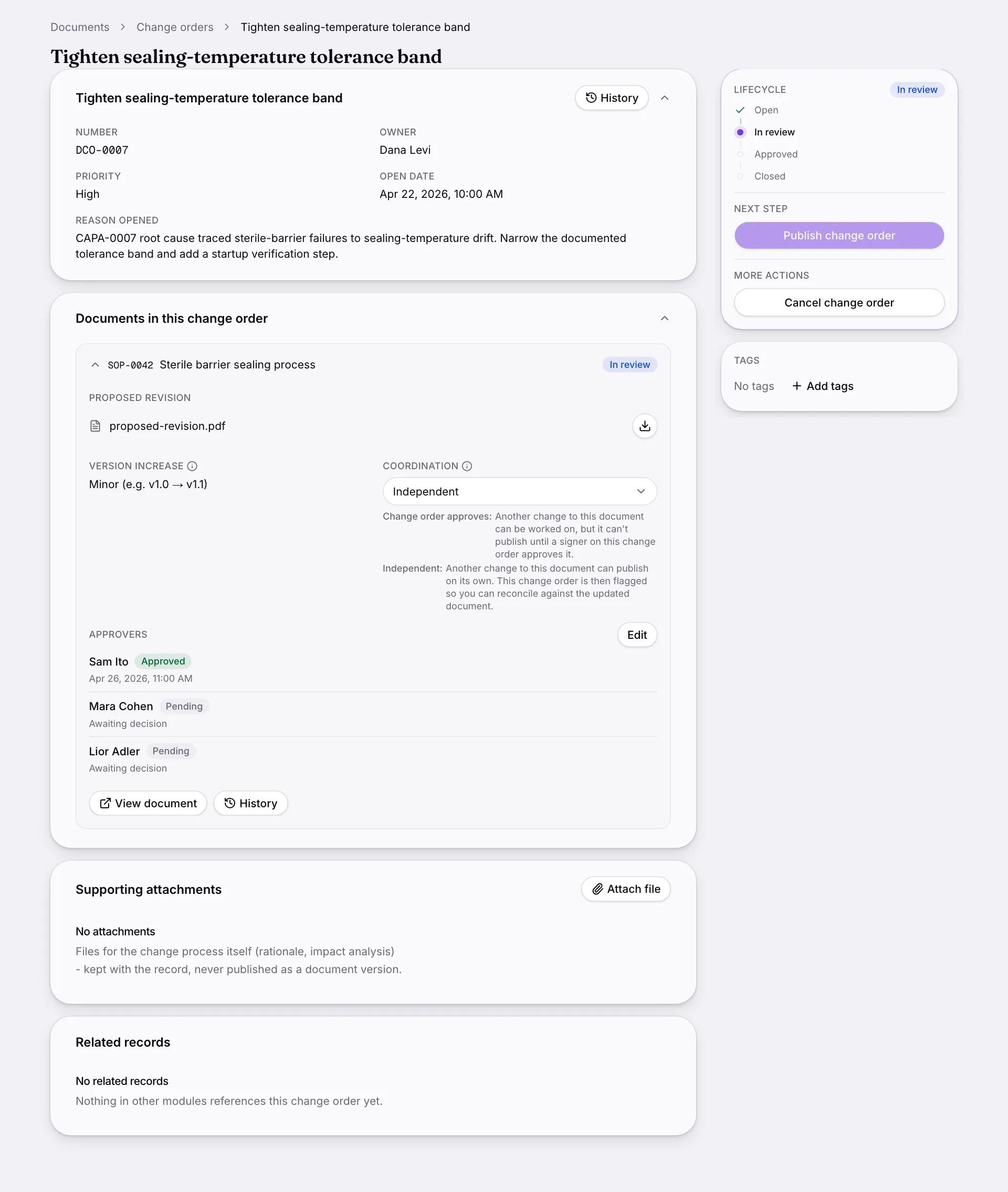 A document change order in review, showing the reason it was opened, the documents in it, the proposed revision file and the version increase.