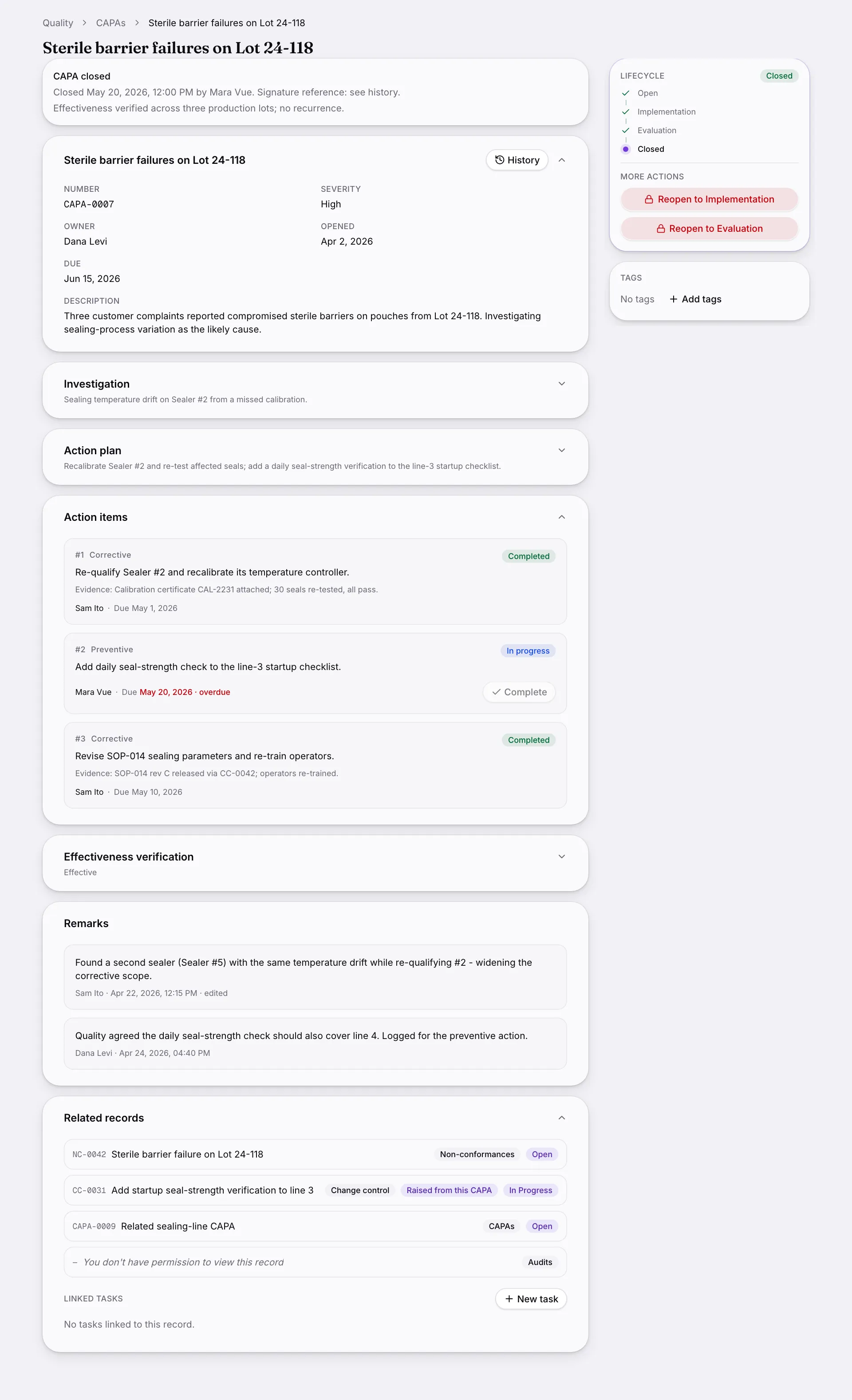 A closed CAPA showing who signed the closure, when, and the effectiveness verification recorded against it.