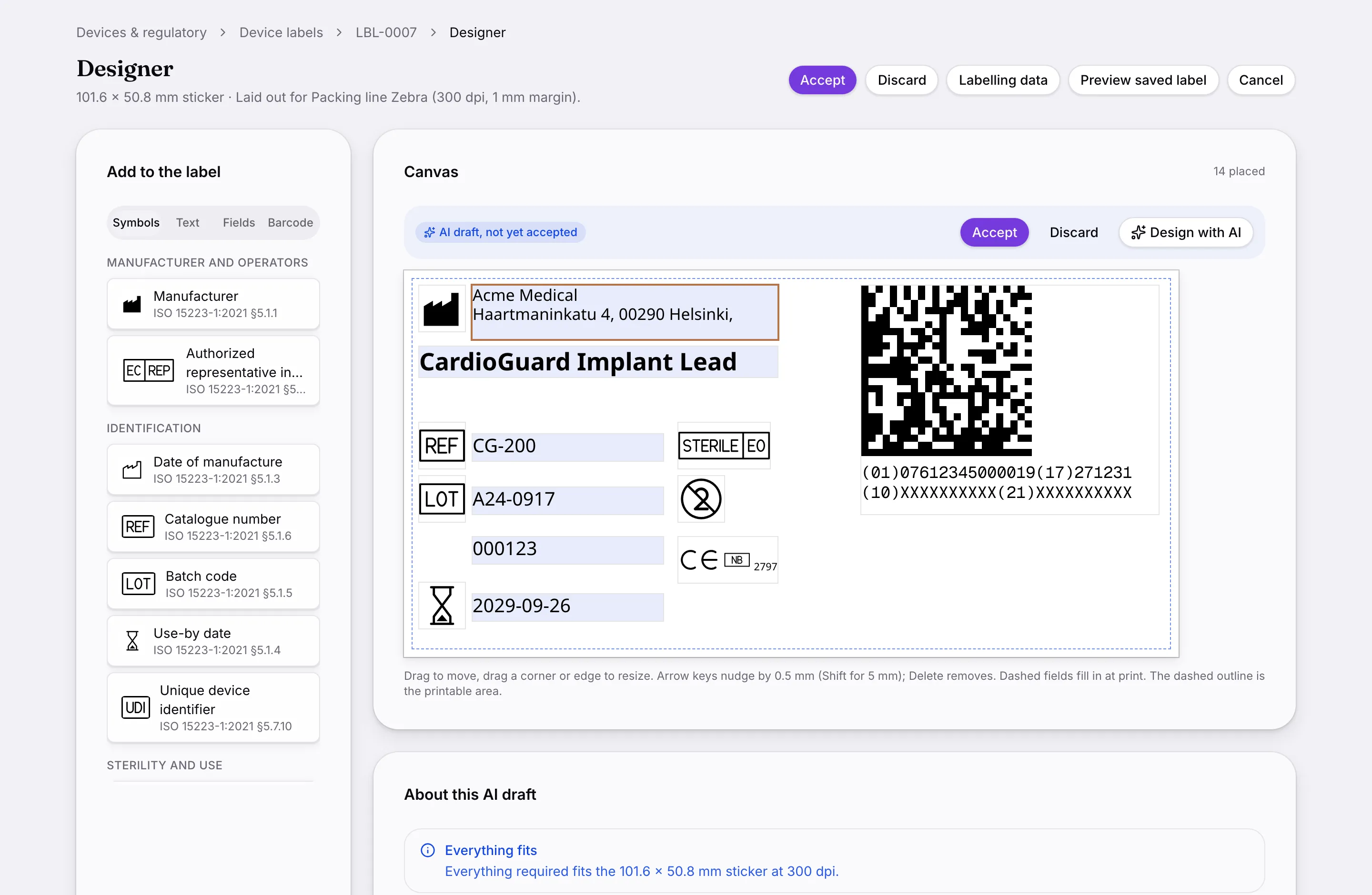 The label designer with an AI-drafted sticker on the canvas: manufacturer, device name, catalogue and batch codes, use-by date, ISO symbols and a data-matrix code, laid out for the selected printer.
