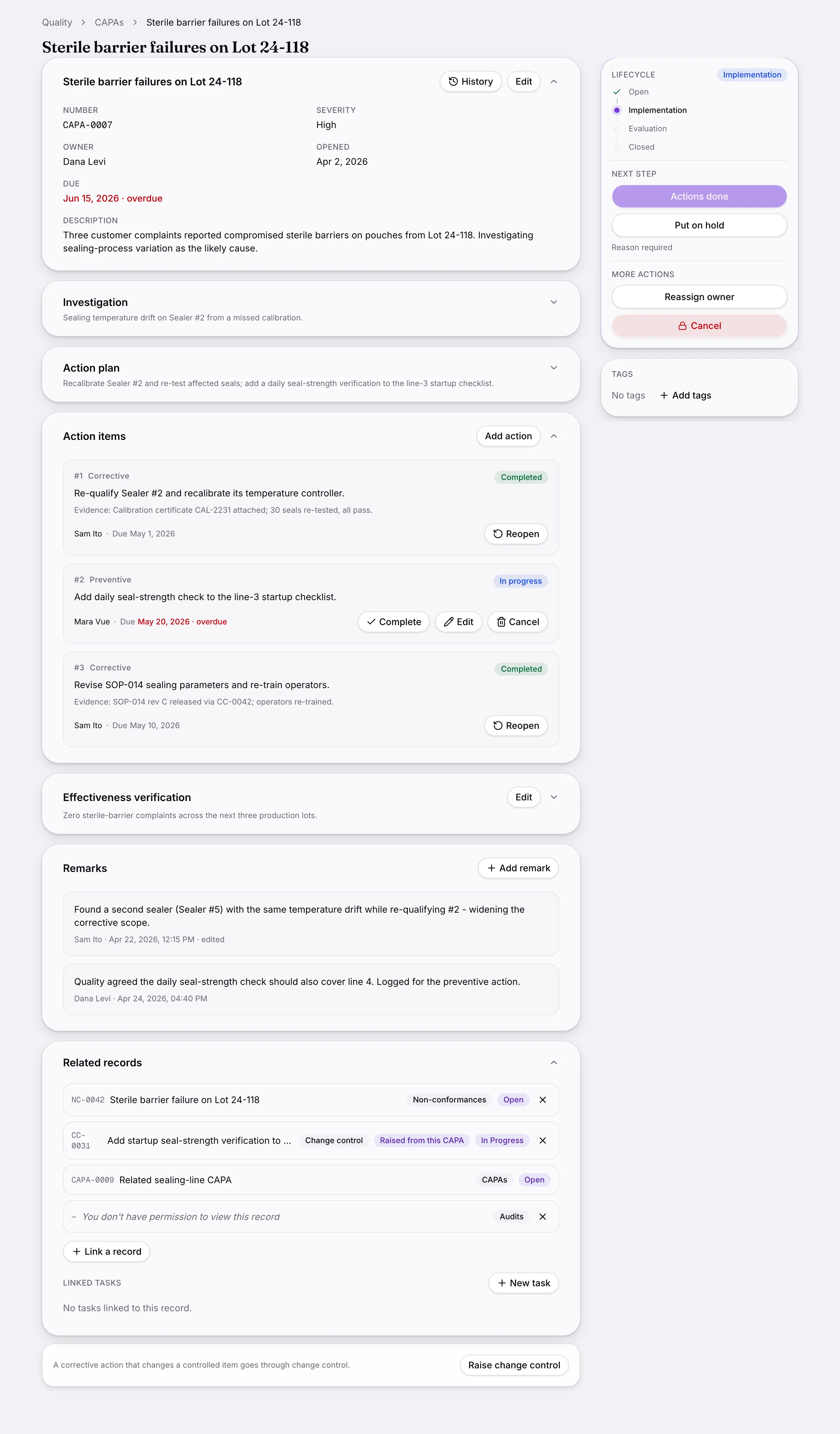 Another screen from Corrective & preventive actions.