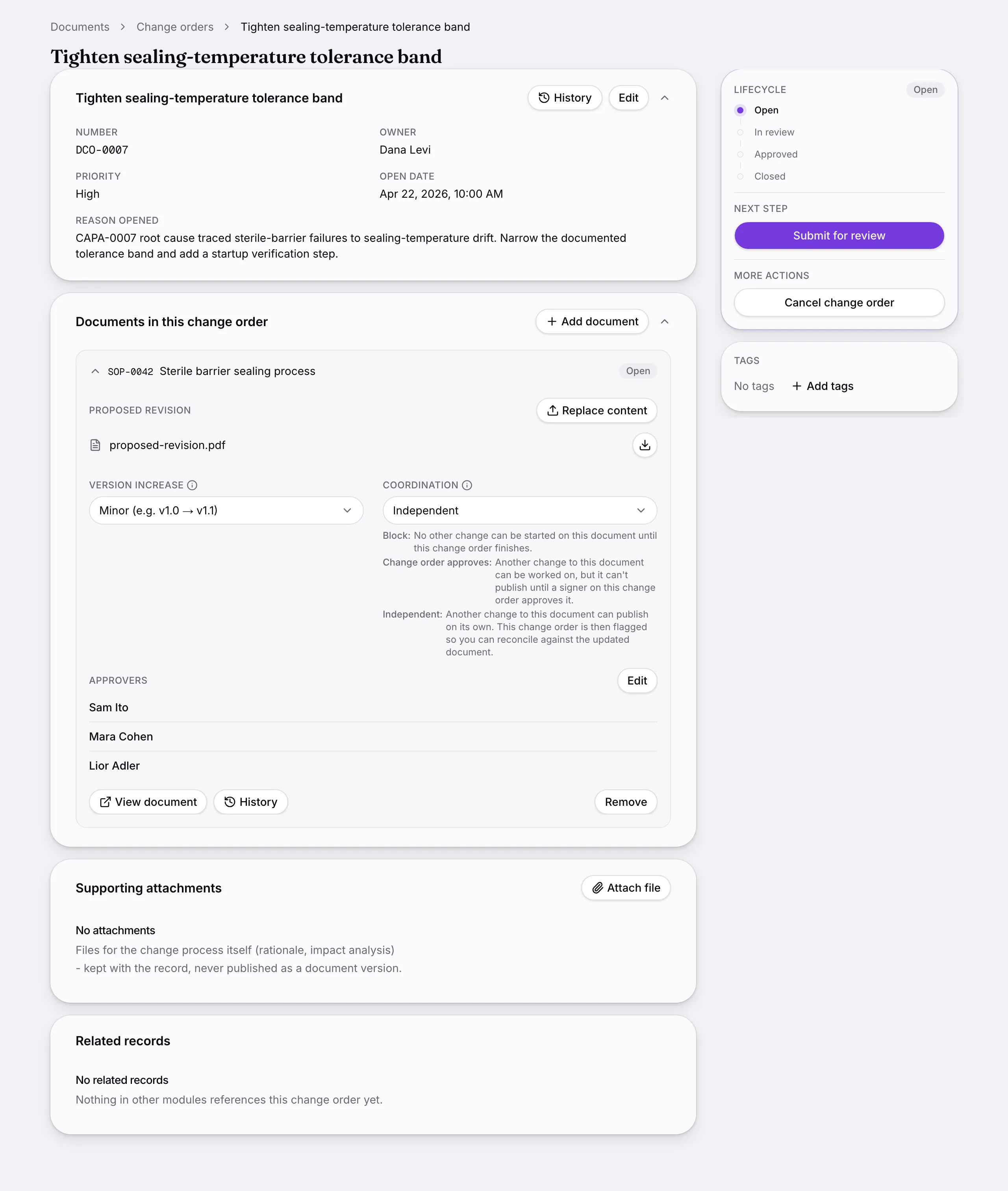 Another screen from Document change orders.