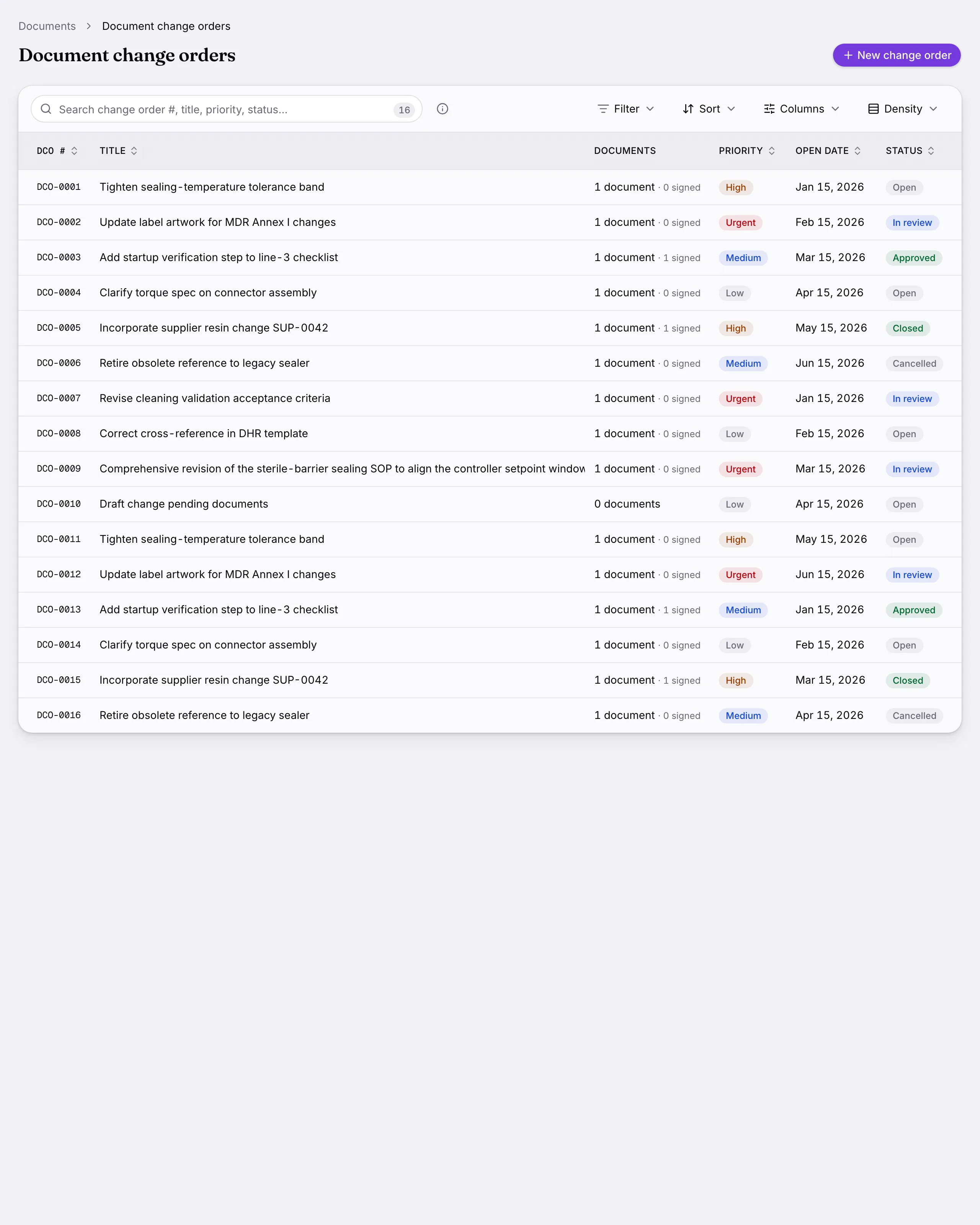 Document change orders: A revision travels as a change order: the reason, the proposed file, the version bump and its own approval.