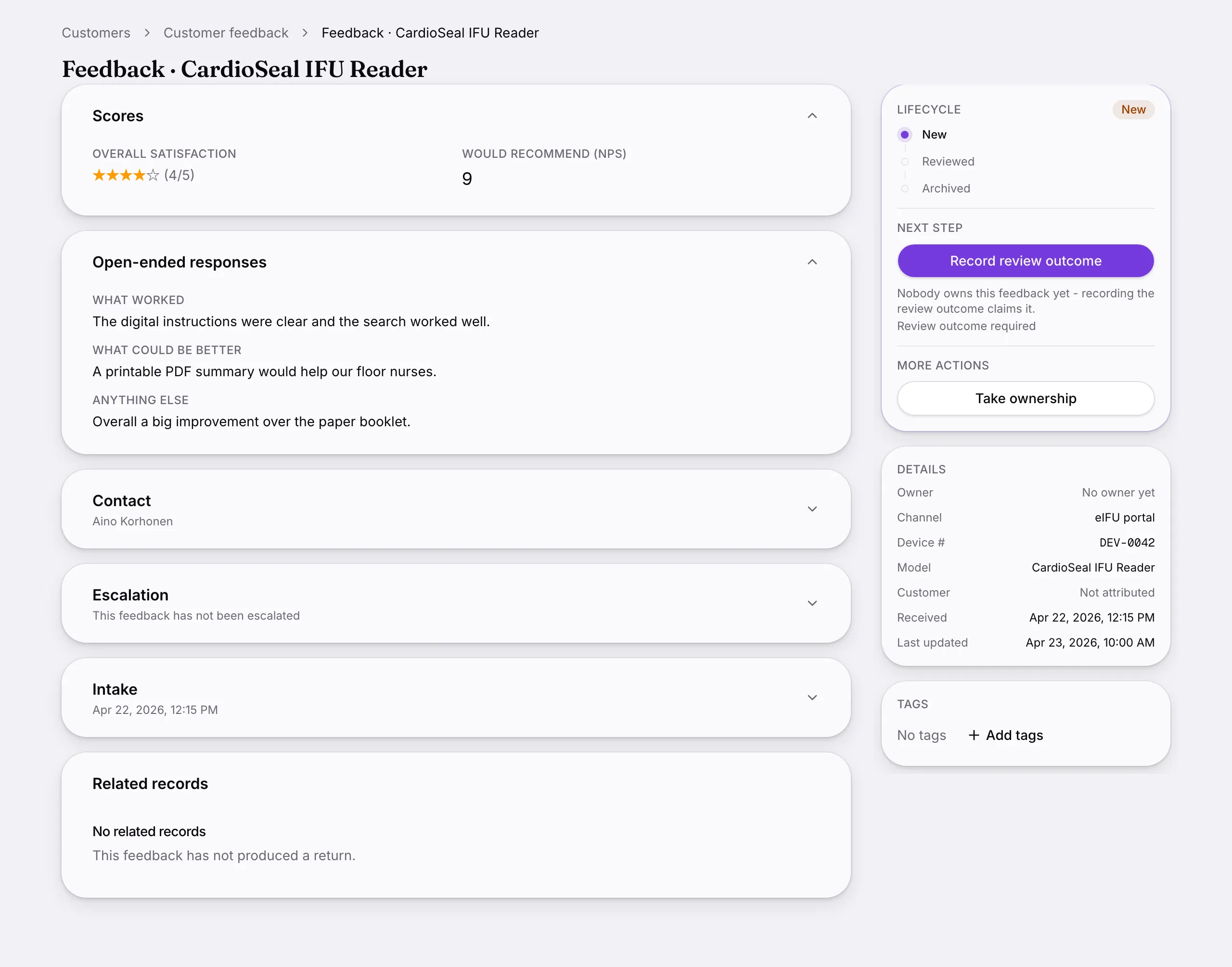 Another screen from Customer feedback.
