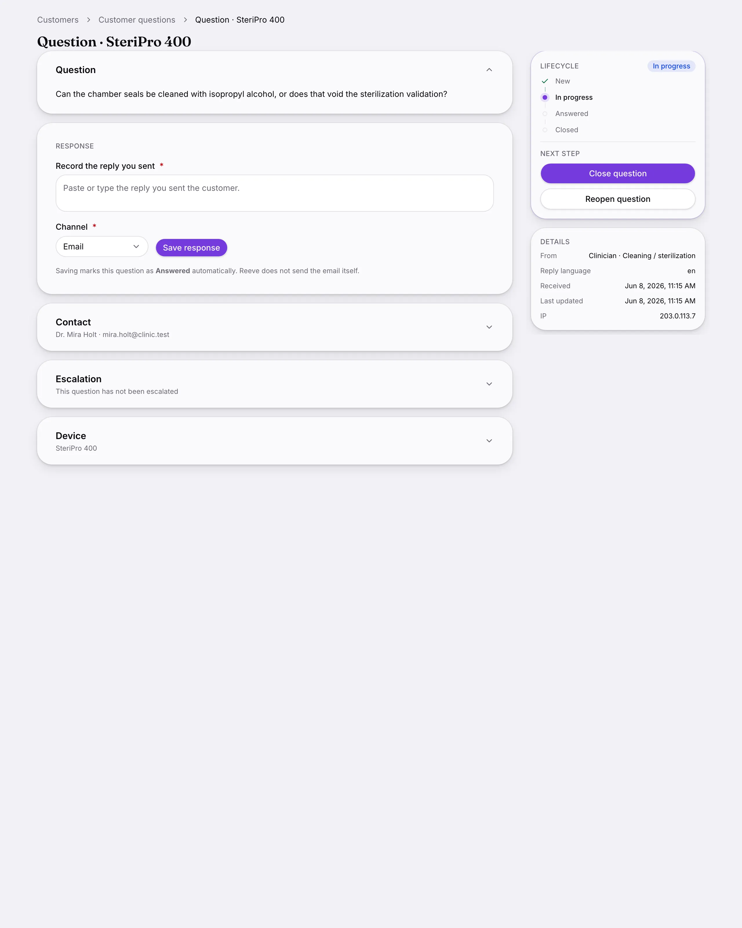 Another screen from Customer questions.