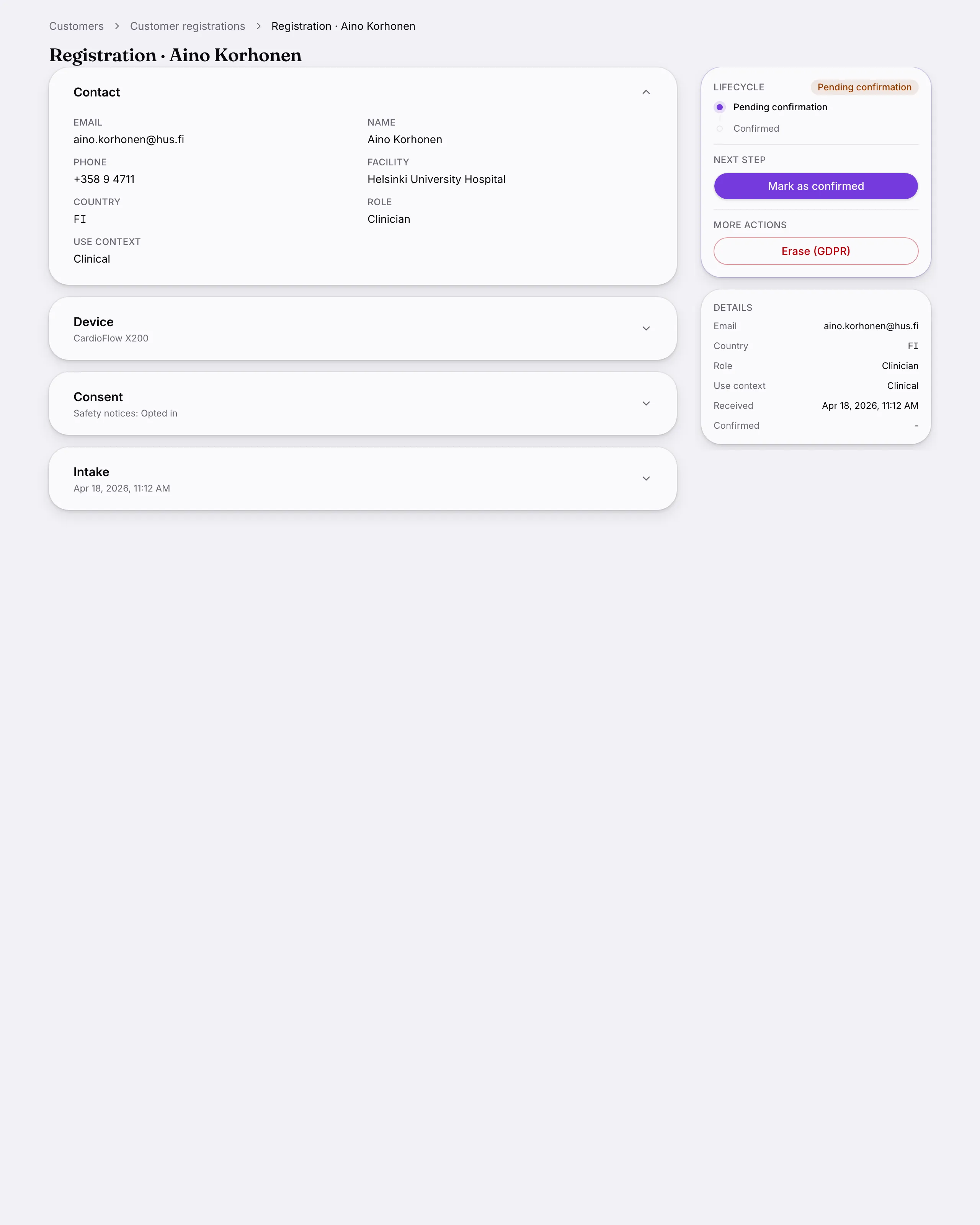 Another screen from Customer registrations.