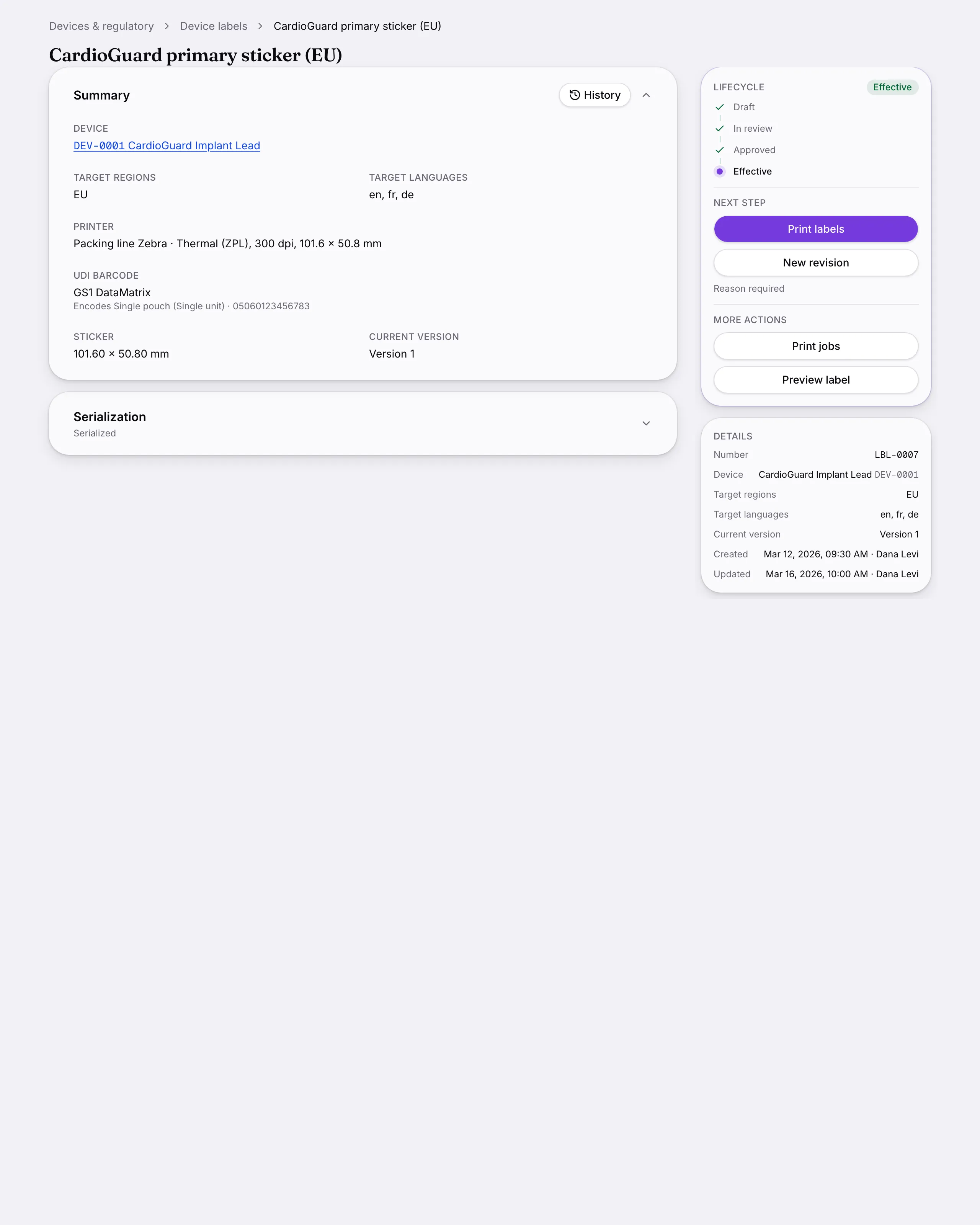 Another screen from Device labels.