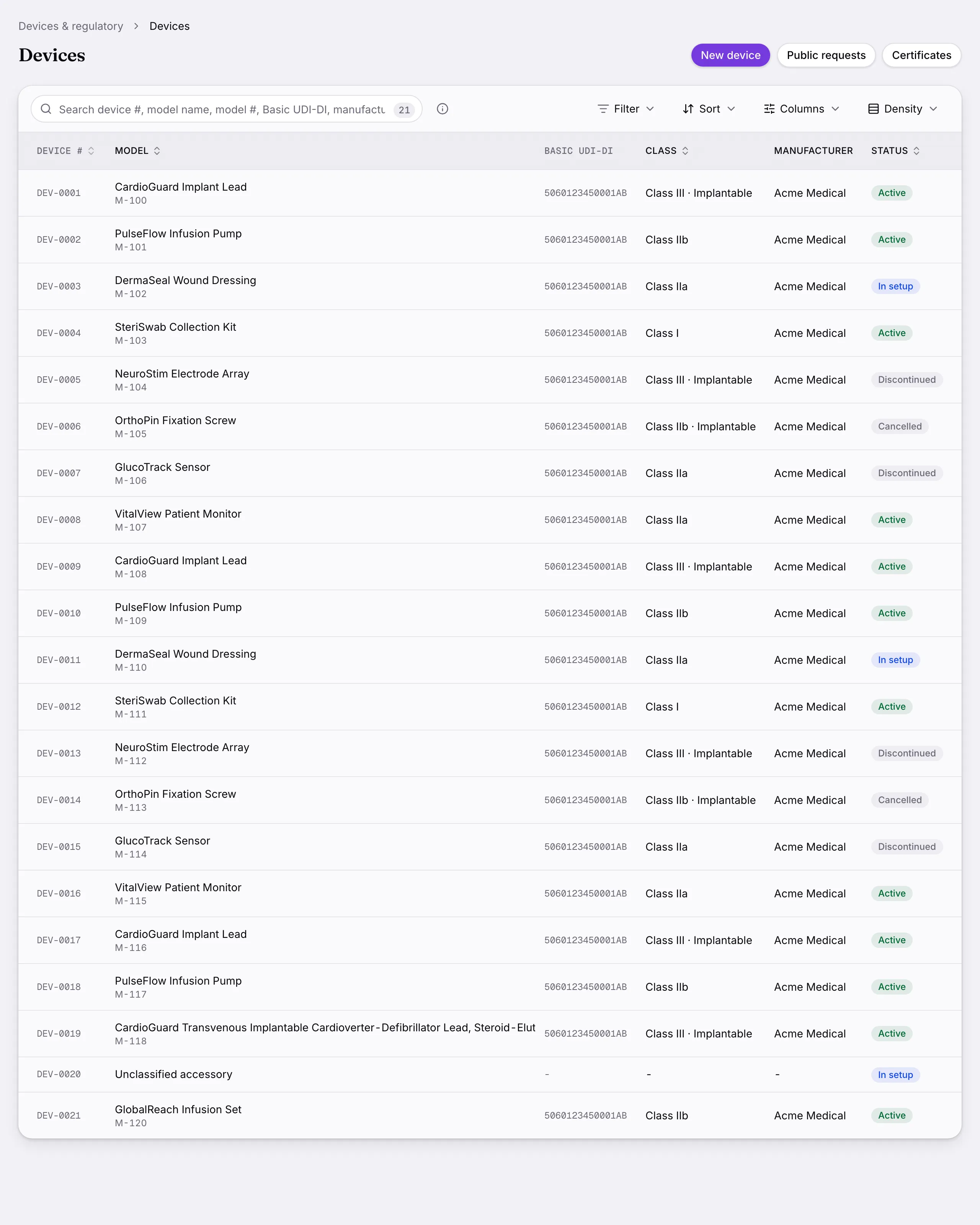 Devices: The device register with classification, markets and the regulatory facts each market asks for.