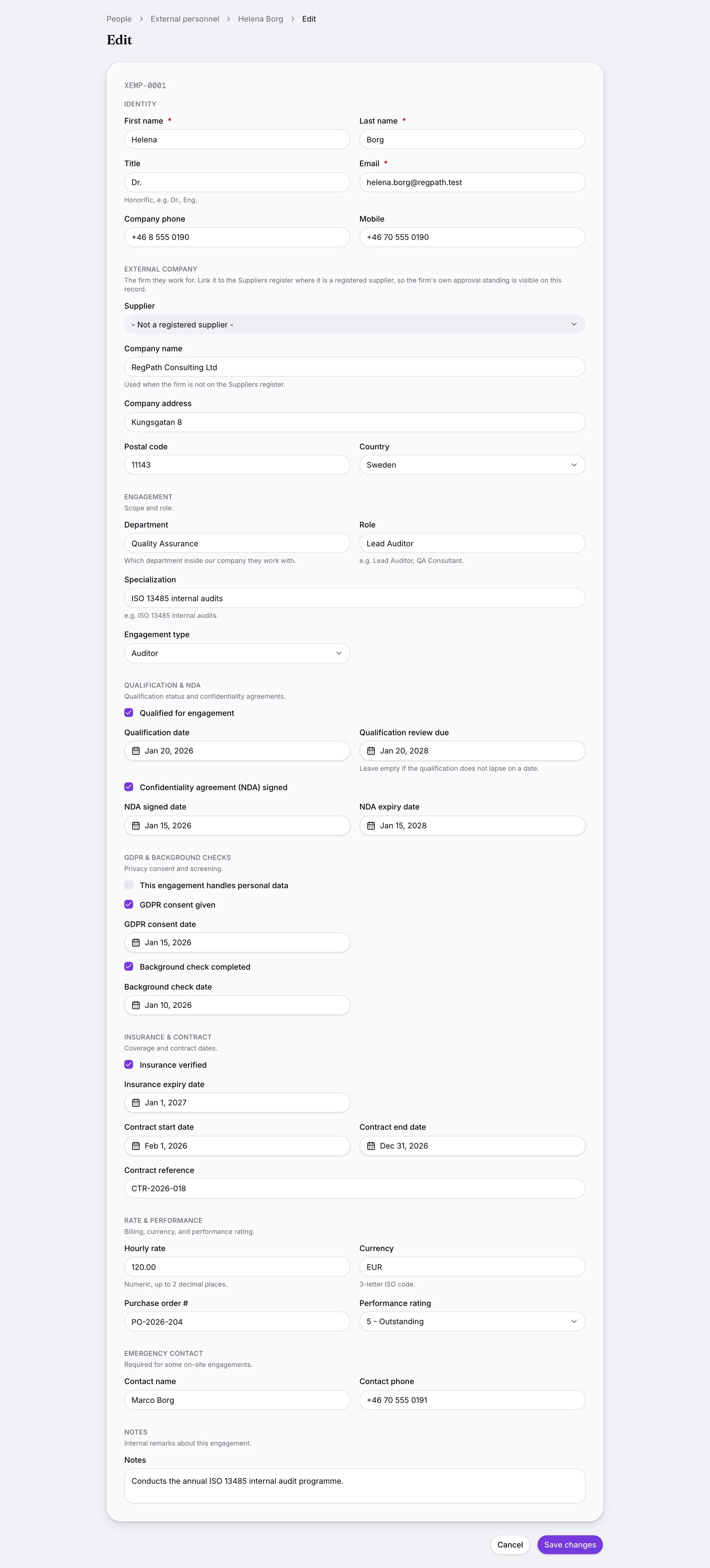 Another screen from External personnel.