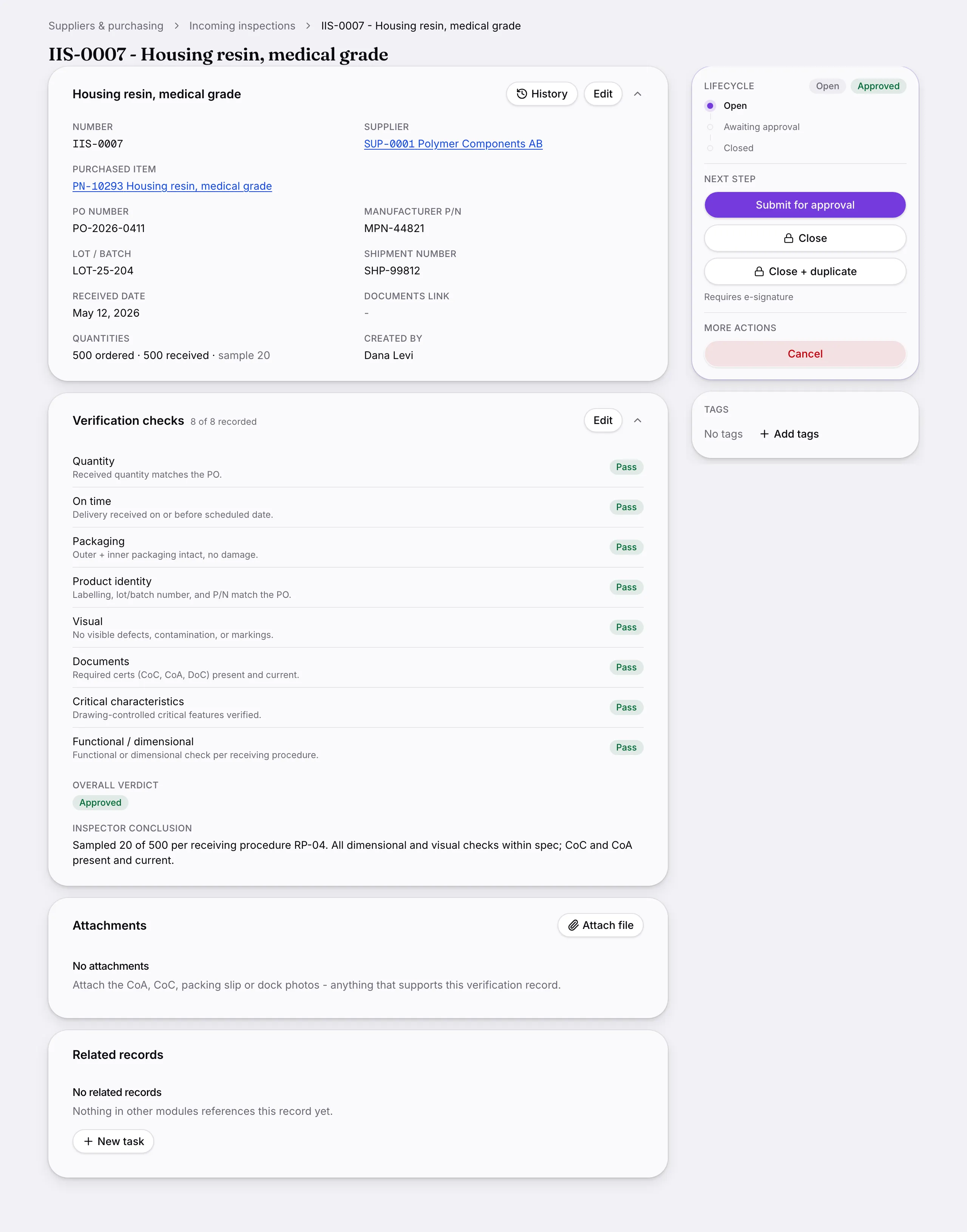 Another screen from Incoming inspections.
