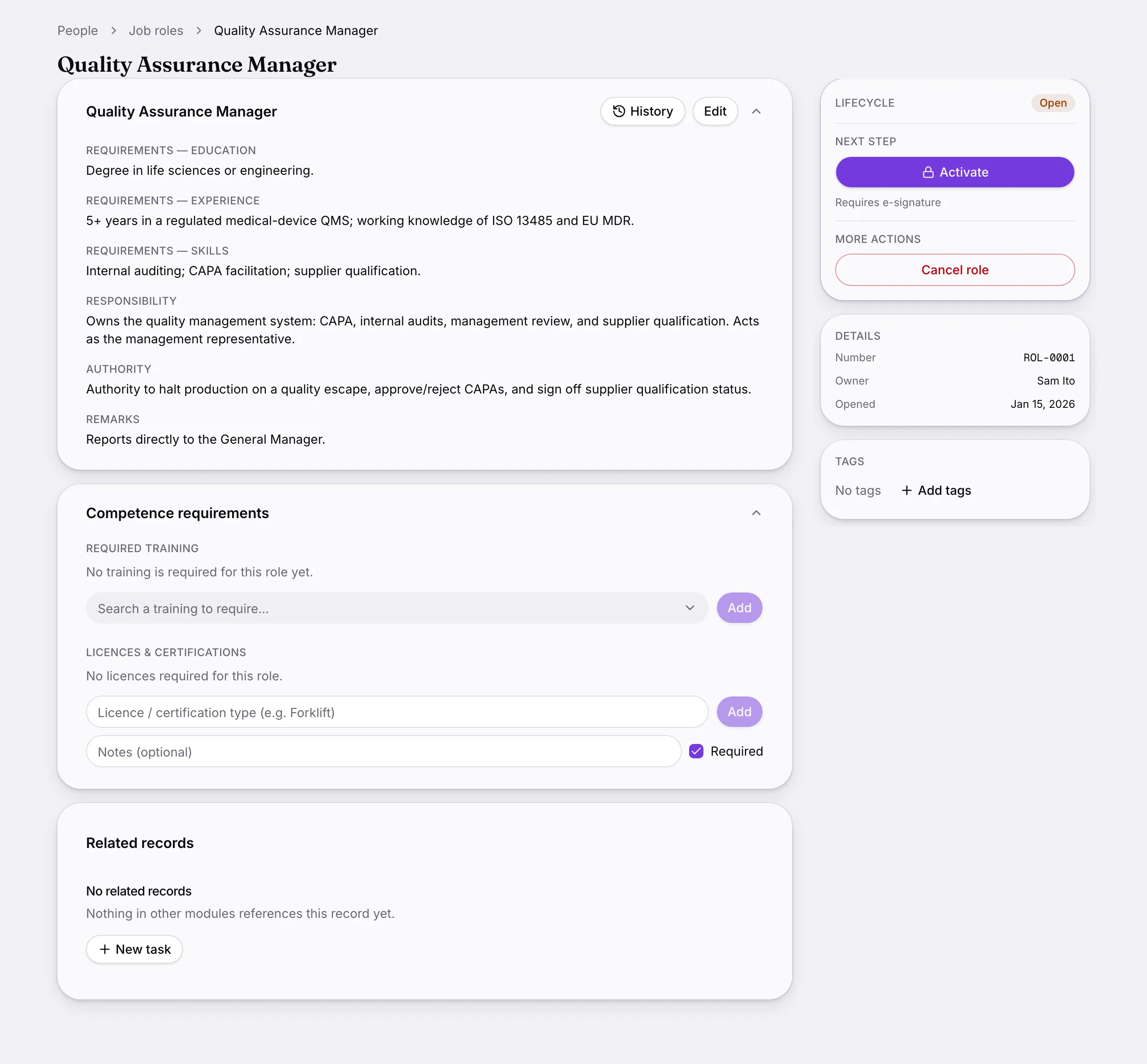 Another screen from Job roles.