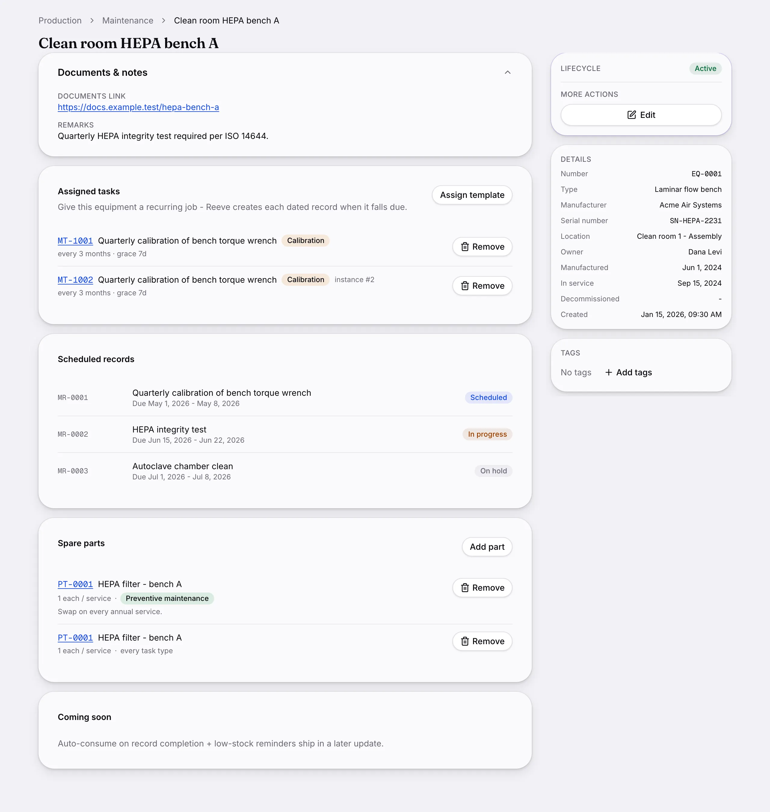 Another screen from Maintenance.