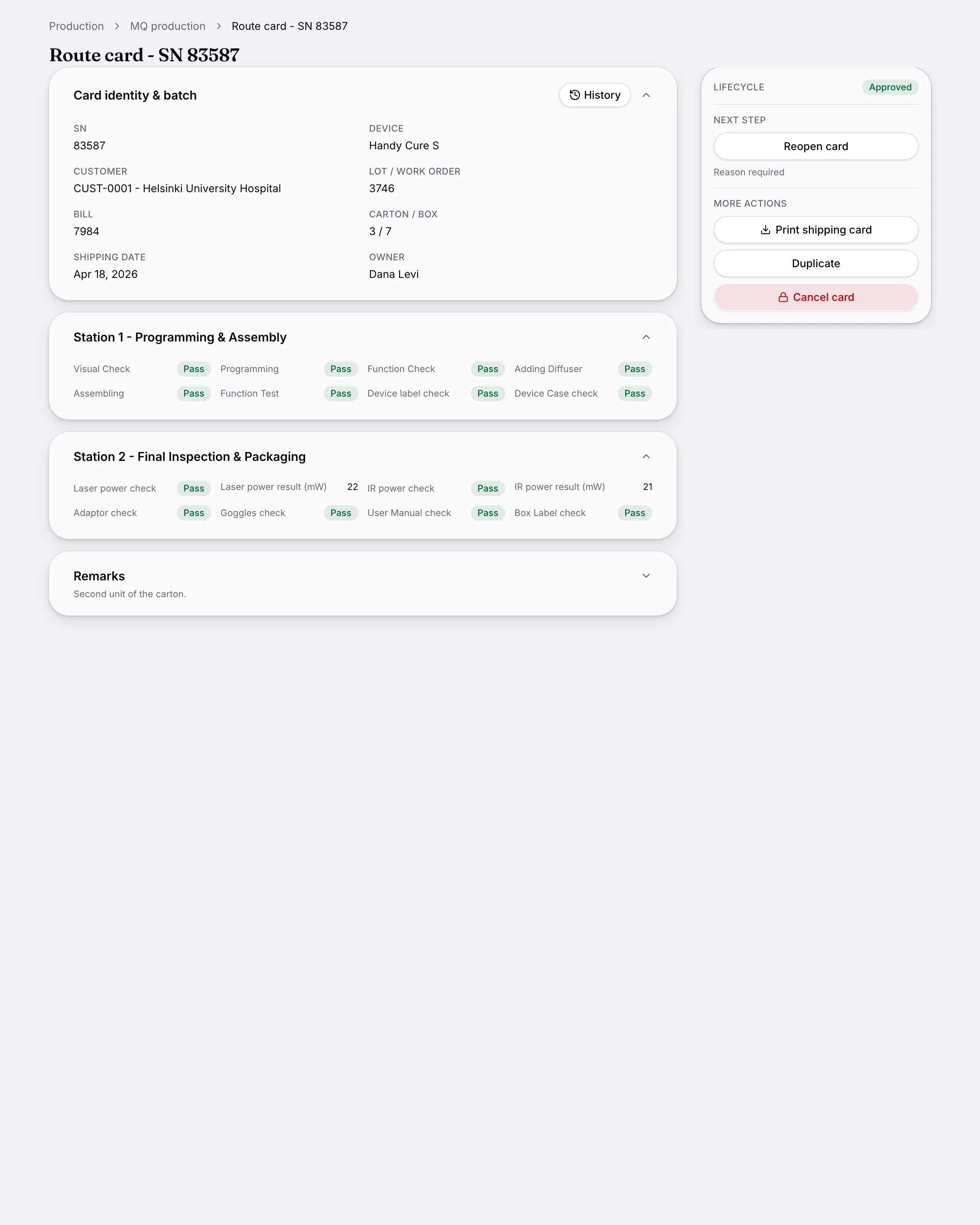 Production route cards: The route a batch took through production, station by station, with every check recorded as it went - and the card an operator works from at each station.