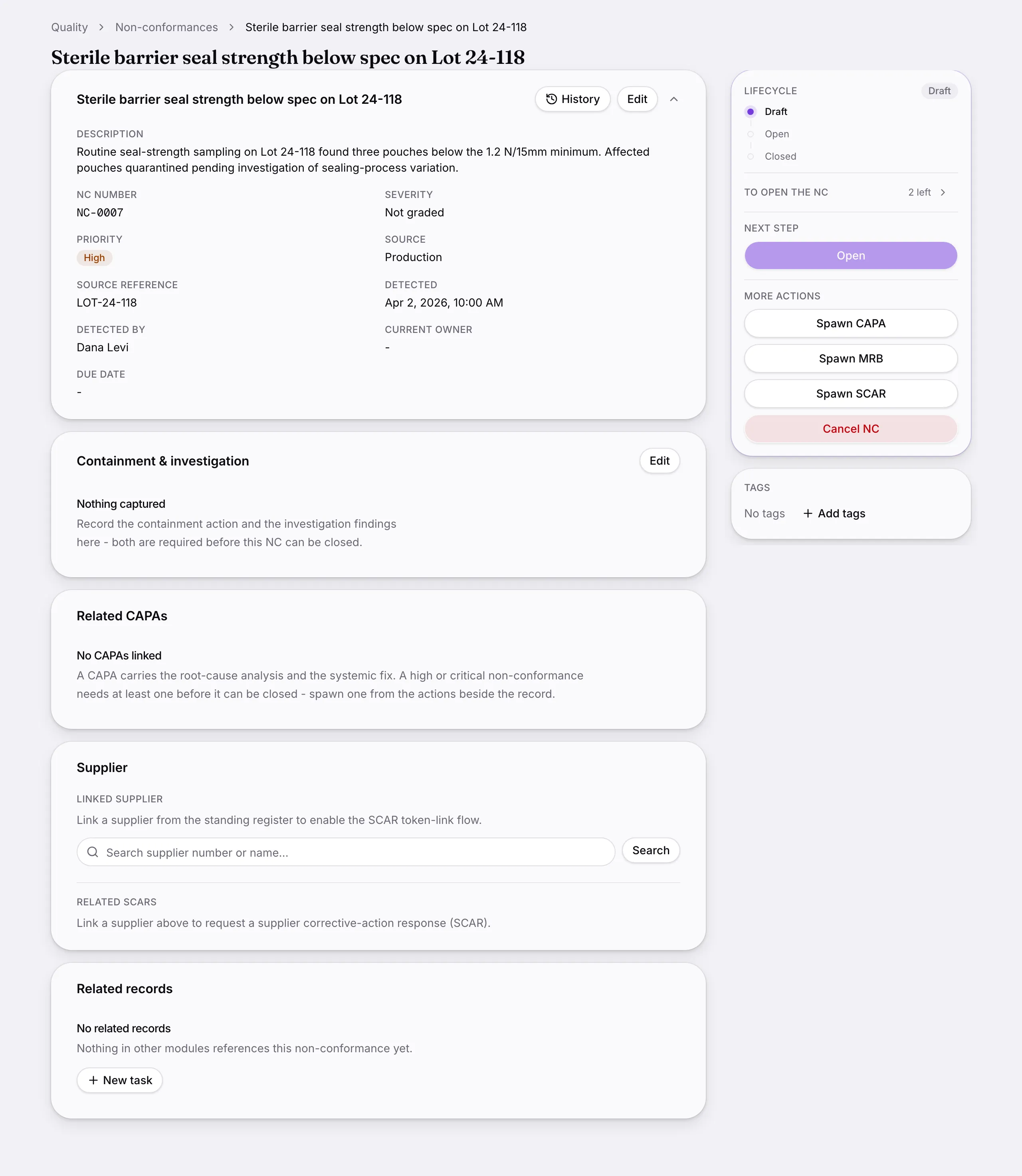 Another screen from Non-conformances.