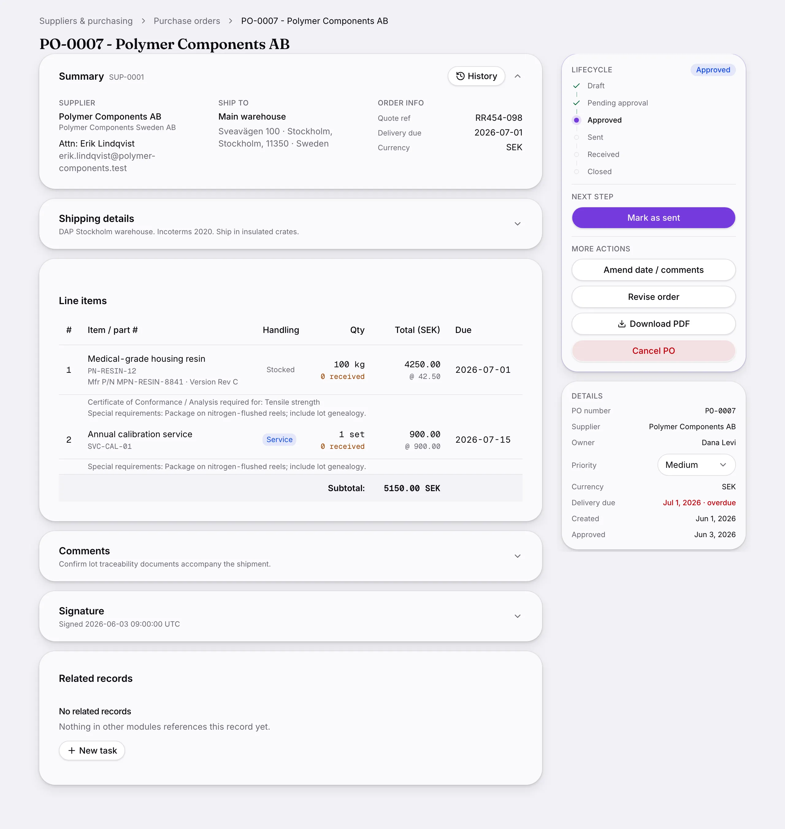 Another screen from Purchase orders.