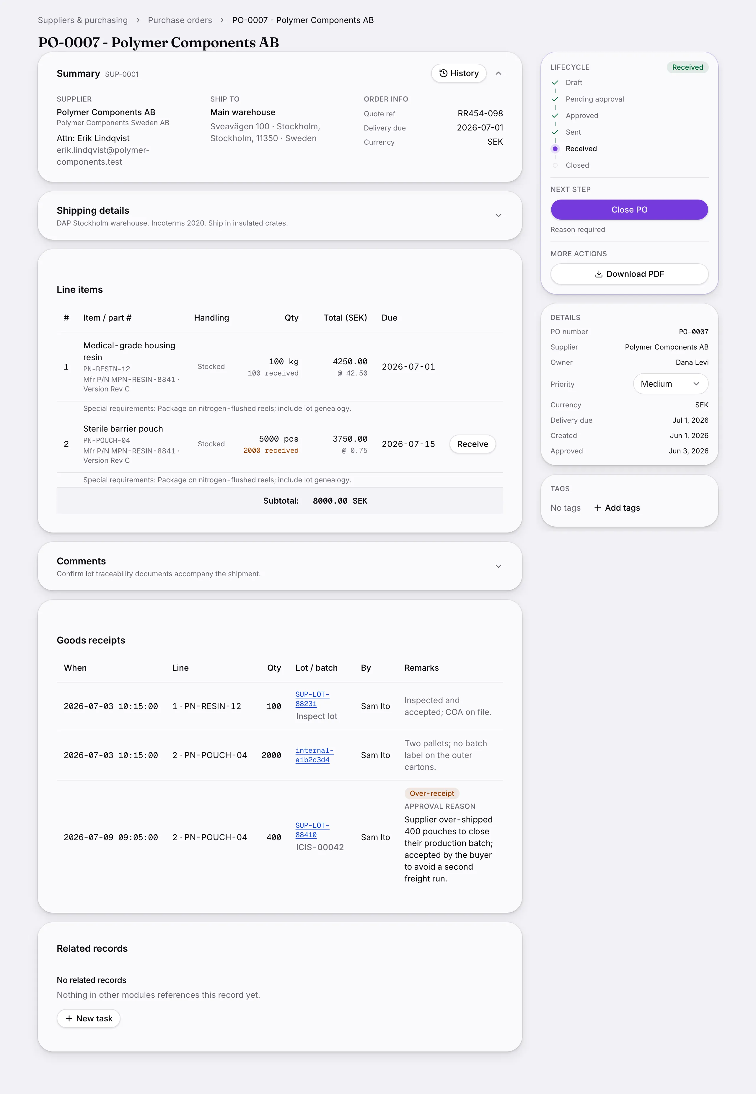Another screen from Purchase orders.