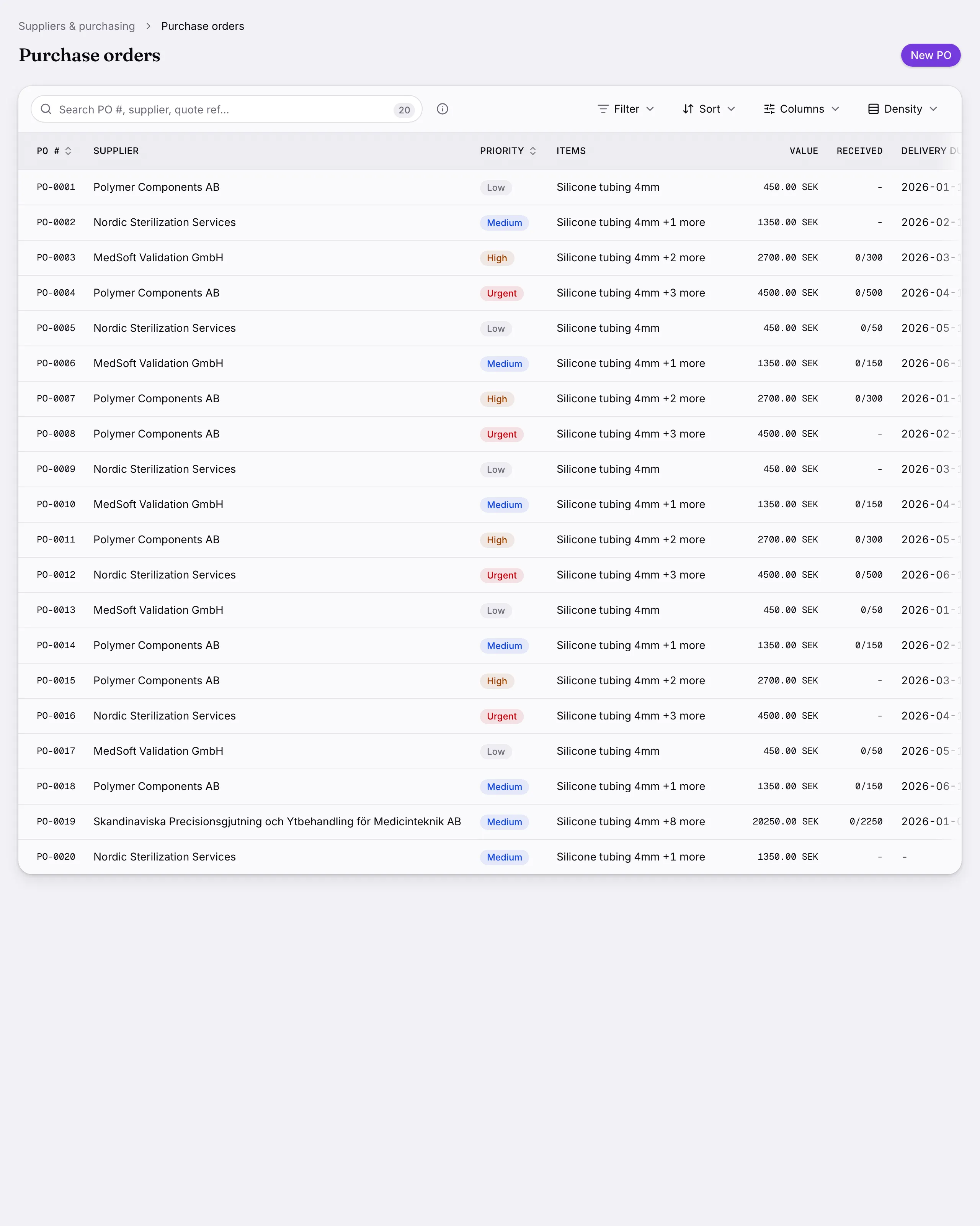 Purchase orders: Orders that can only go to an approved supplier, with what arrived recorded against what was ordered.