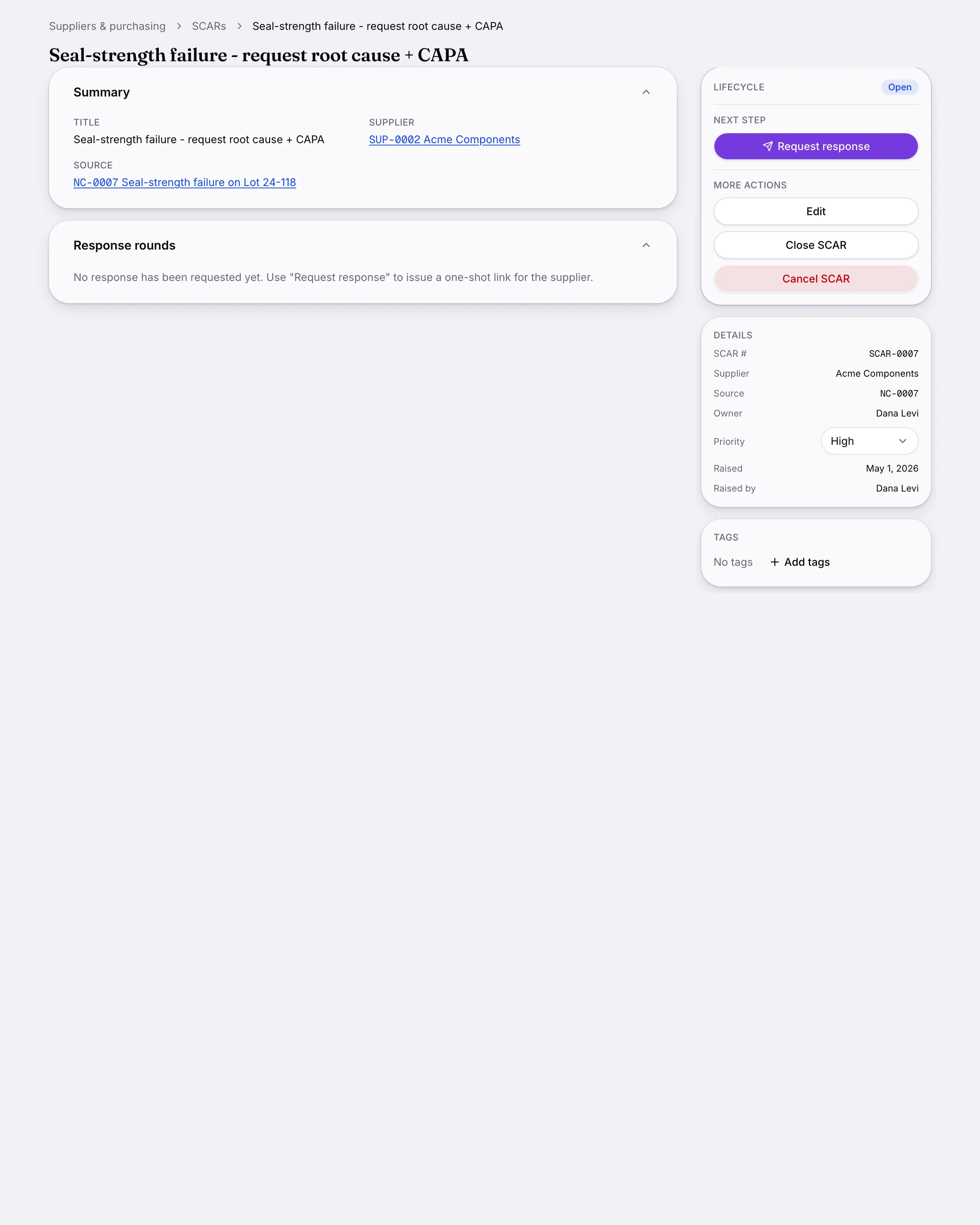 Another screen from Supplier corrective actions.