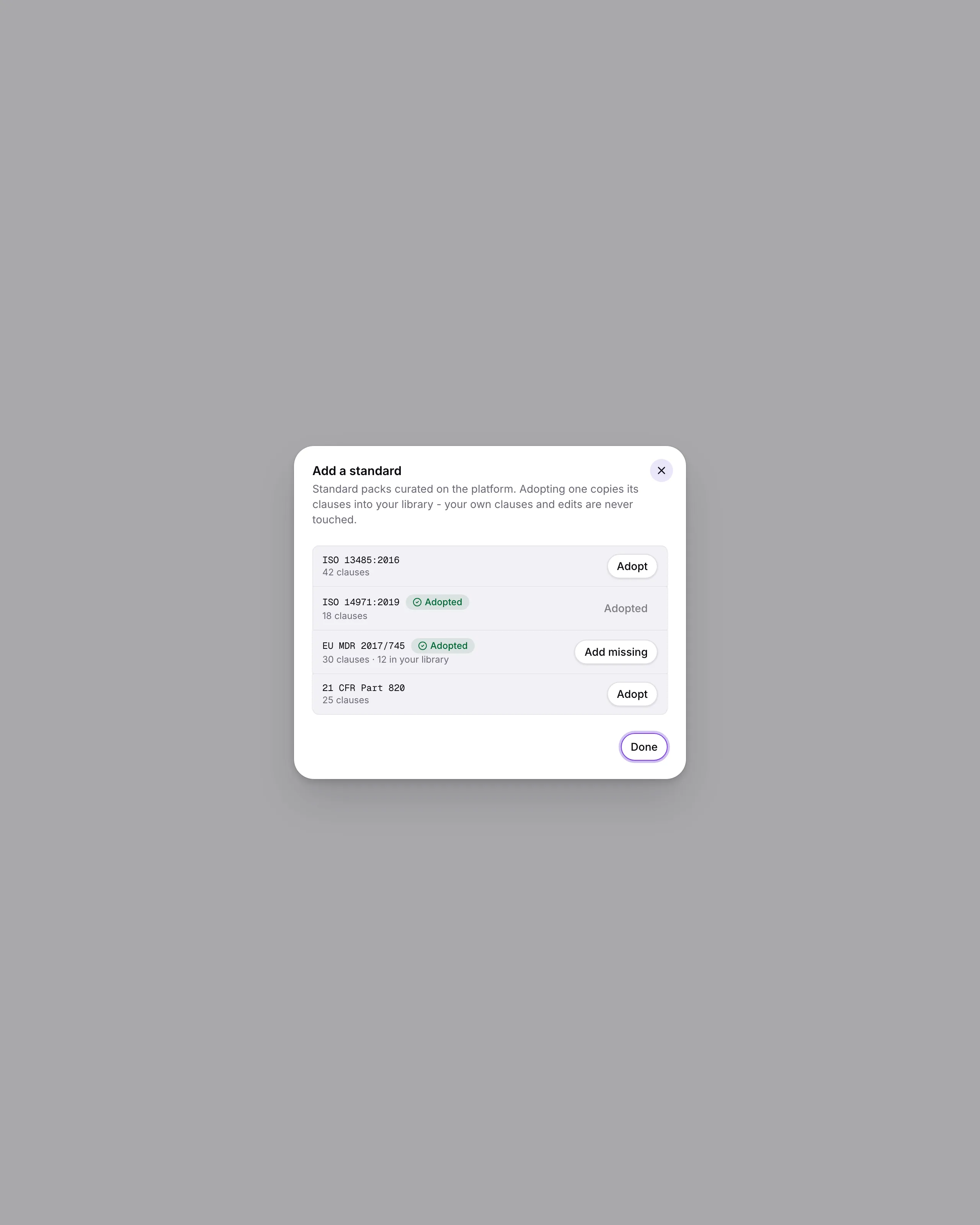 Standards library: The standards you certify to, with clauses linked to the documents and audits that satisfy them.