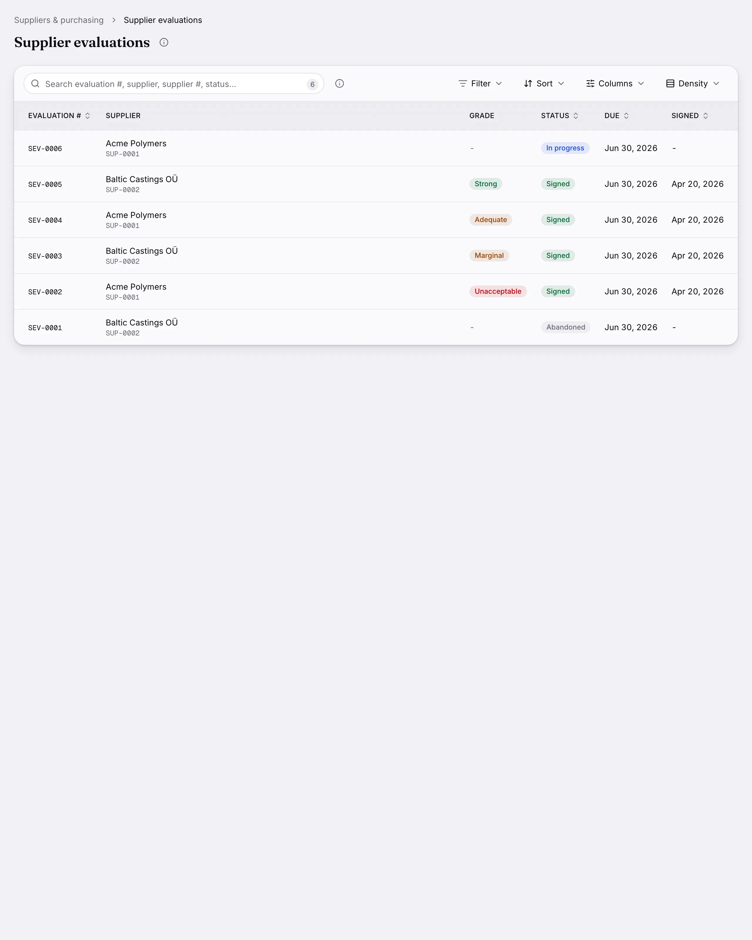 Supplier evaluations: Periodic re-evaluation with a scorecard the supplier can fill in themselves through a token link.